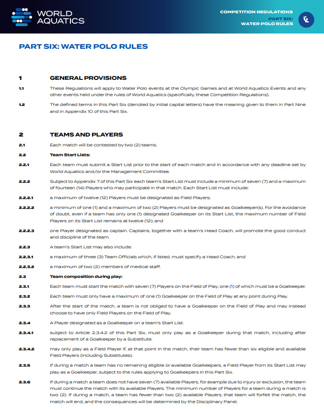 WORLD AQUATICS WATER POLO RULES
